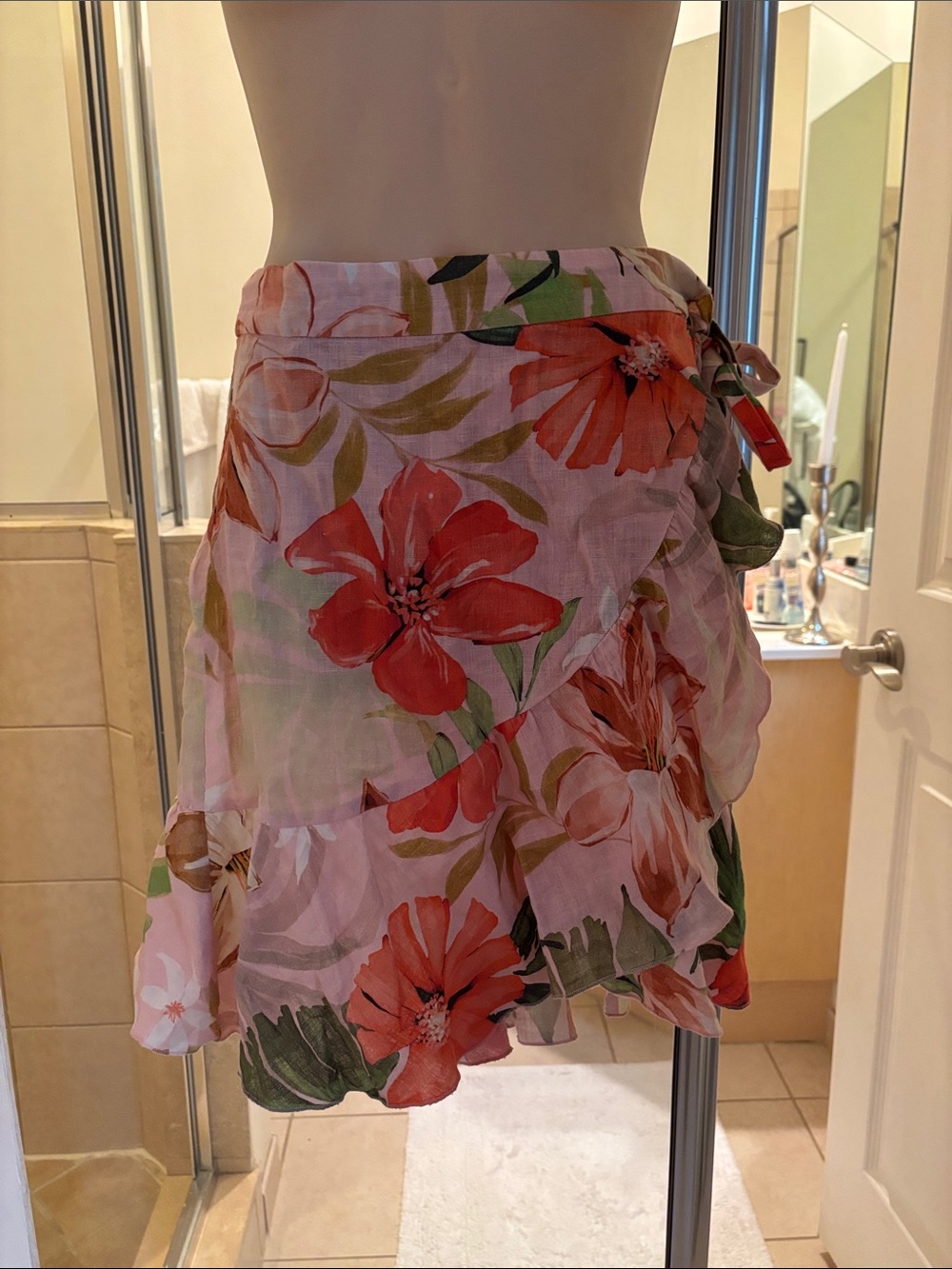 Zara Basic Pink Wrap Skirt with Red Floral Print
